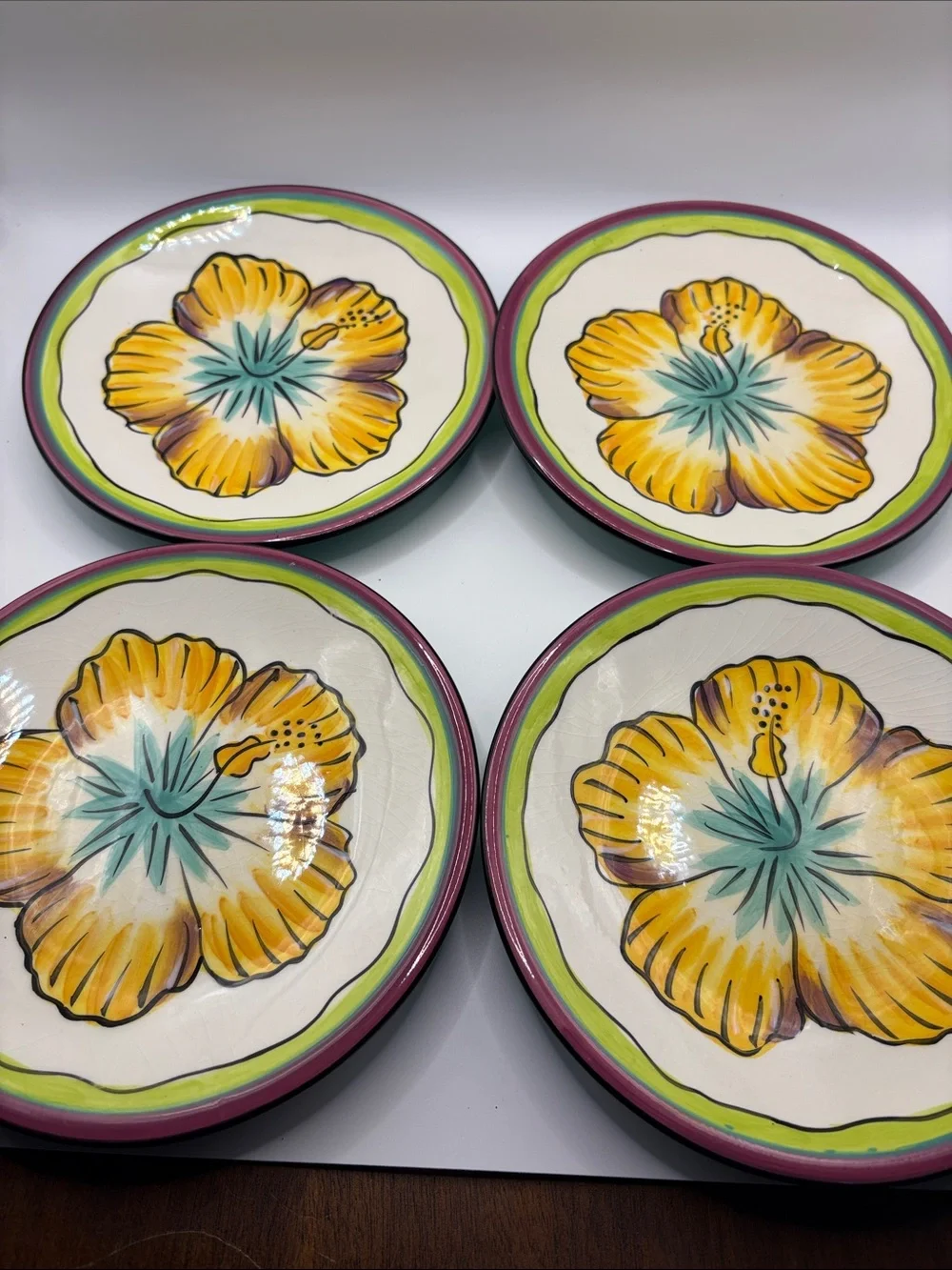 Bright Yellow Floral Ceramic Dinner Plates - Set of 4. Clay Art